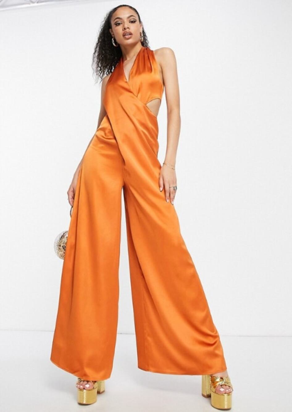 ASOS DESIGN Drape Cross Front Halter Jumpsuit with Cut Out Size 6 Orange FLAW